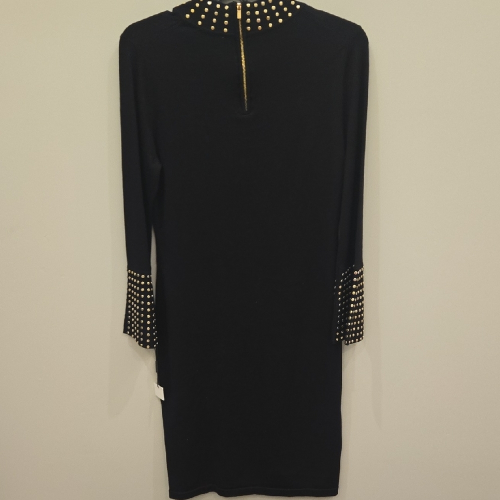 Calvin Klein Black Long Sleeve Dress with Gold Stud Accents Medium NWT - Picture 3 of 4